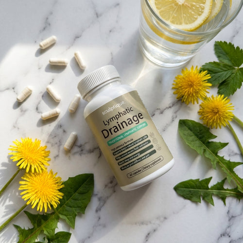 Sculptique cápsulas flat-lay con agua de limón y diente de león